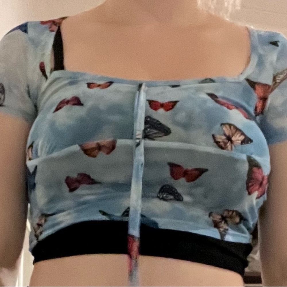 Blue Sheer Top with Butterflies Size S
